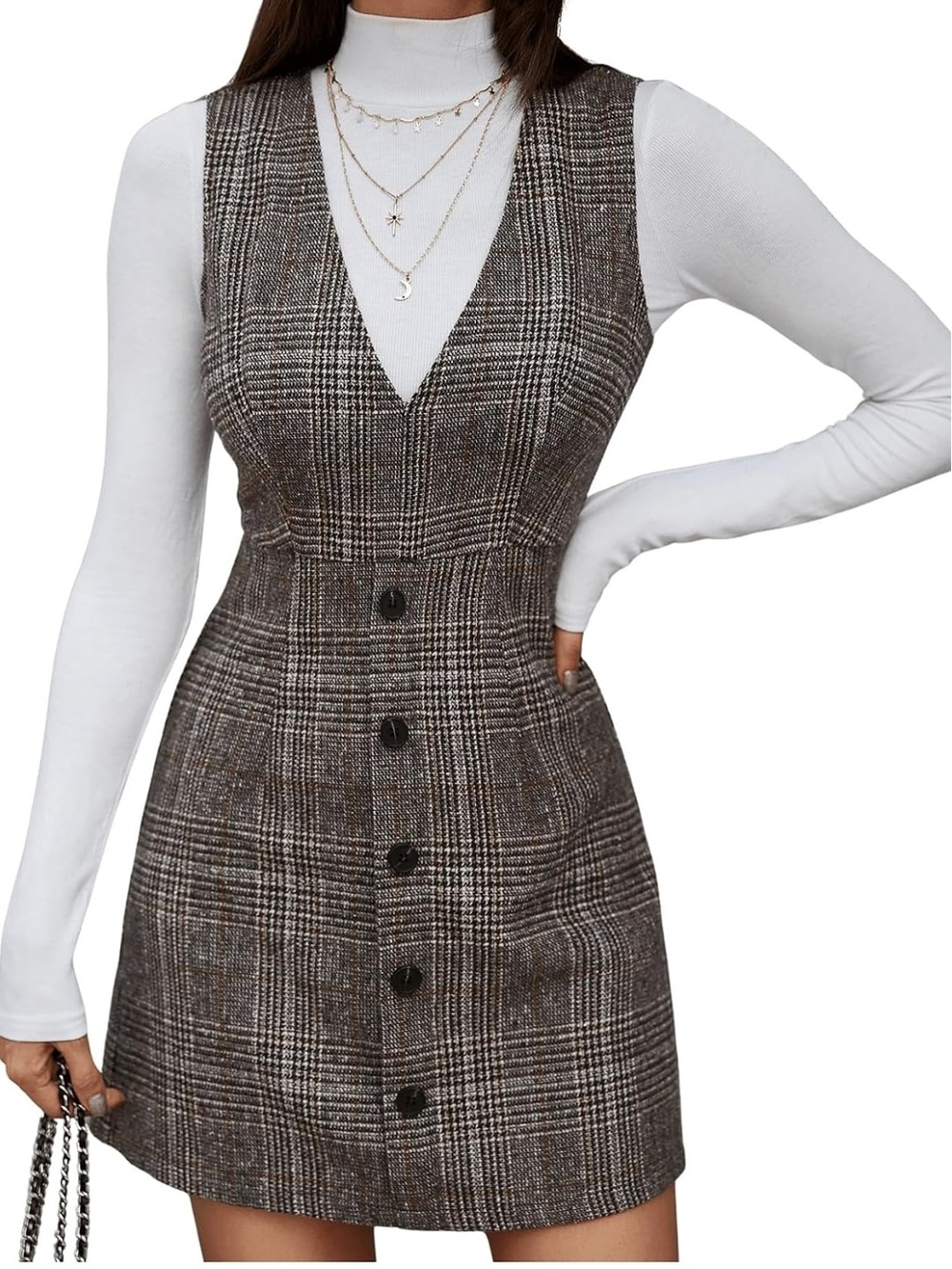 Plaid V-Neck Button Front Dress in Brown